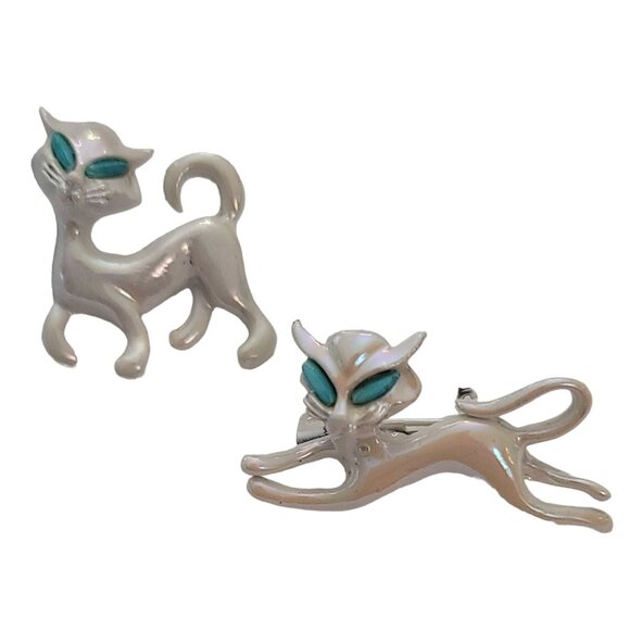 Vintage Pearly White Enamel Blue Eye Cat Pair Brooches, Kitten Set E897 - Picture 8 of 8